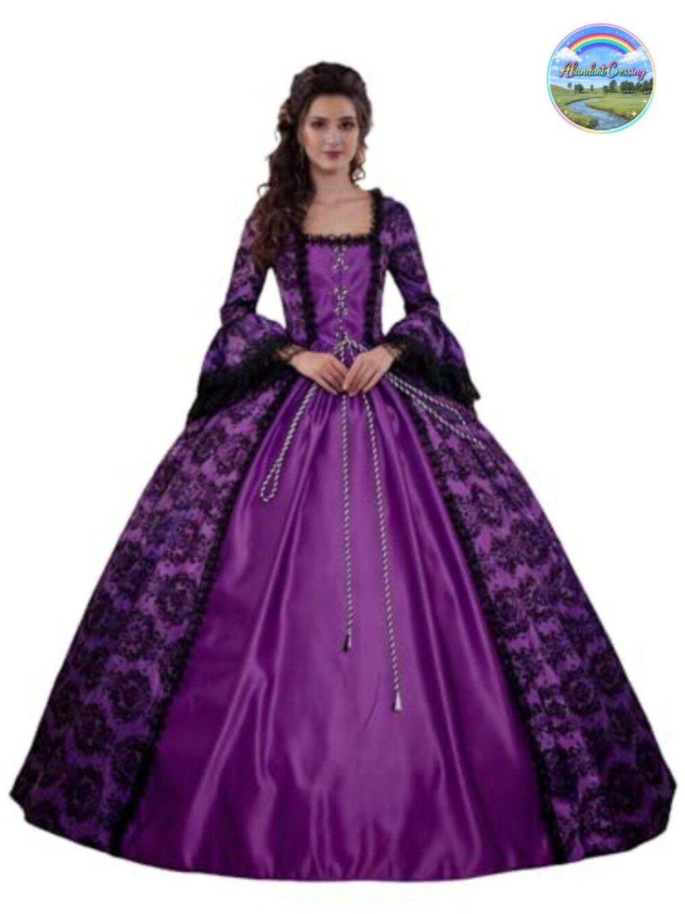 Victorian Rococo Ball Gown Long Satin Dress Square Neck Long Sleeve Formal